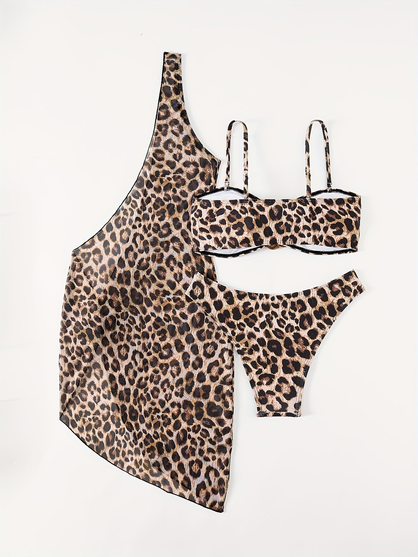 Women'S Leopard Print Bikini Set with 3D Floral Accents - Sexy Asymmetrical Swimsuit, High-Stretch Polyester & Spandex Blend, Beach Cover-Up Skirt, Summer Holiday Attire, Beach Coverup|Asymmetrical Design|Stretchy Fabric