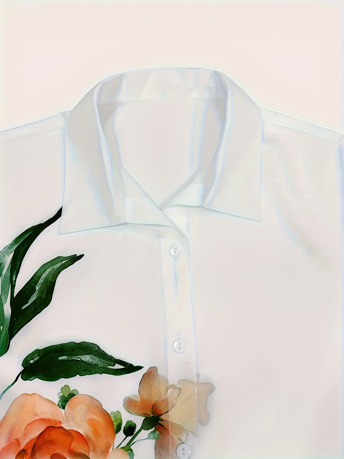 Women'S Floral Print Long Sleeve Casual Button-Up Shirt - White with Pink Roses & Green Leaves, Perfect for All Seasons, Casual Attire|Floral Print Shirt|Long Sleeve Shirt