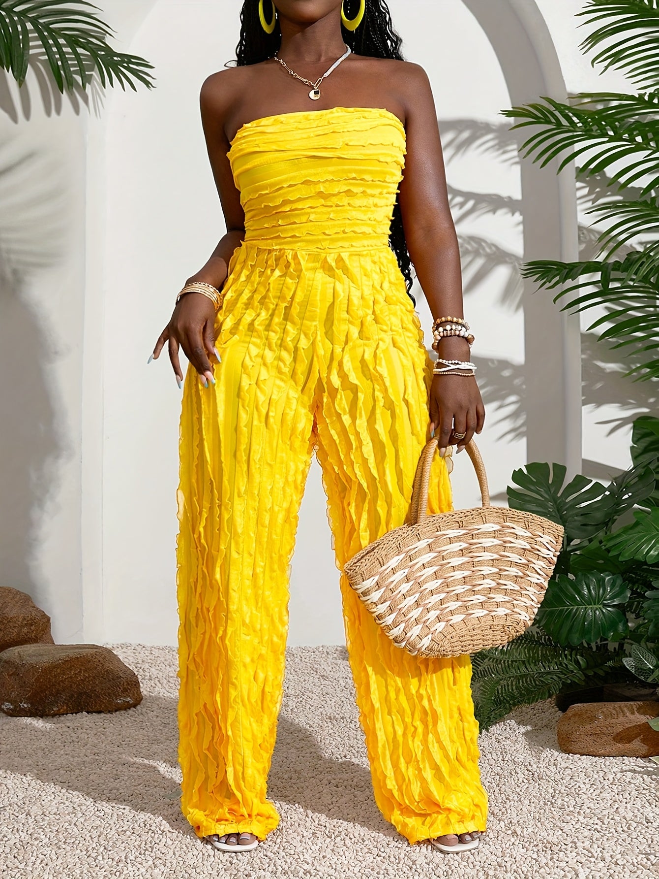 Women's Stylish Off-Shoulder Ruched Jumpsuit - Bright Yellow, Casual Summer Outfit, Machine Washable, Loose Fit with Gathered Detail, Perfect for Beach or Tropical Getaways, Beach Outfit | Wideleg Pants | Gathered Detailing,