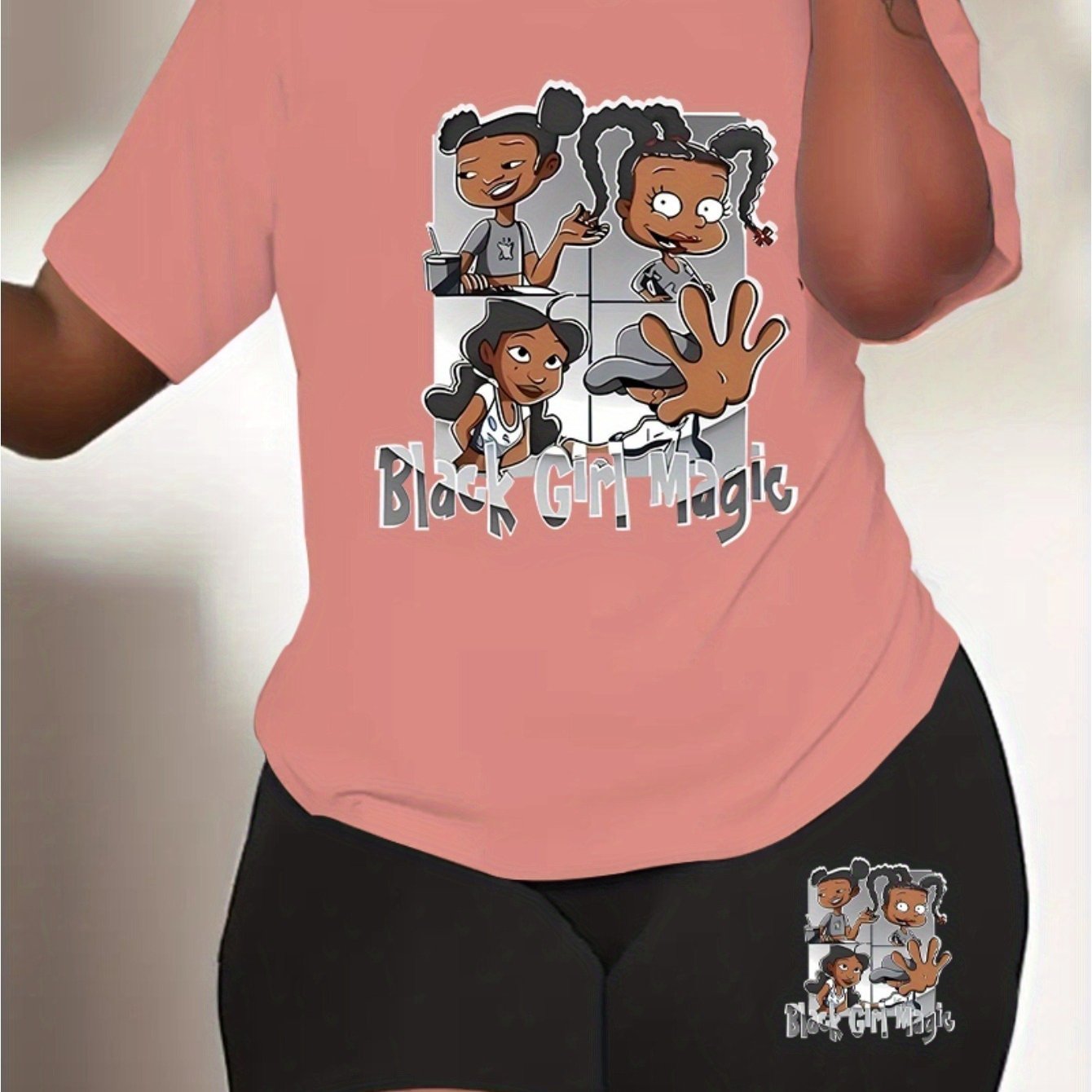 Women's casual cartoon print, polyester knit T-shirt and shorts leggings set, crewneck short sleeves, regular fit, all seasons