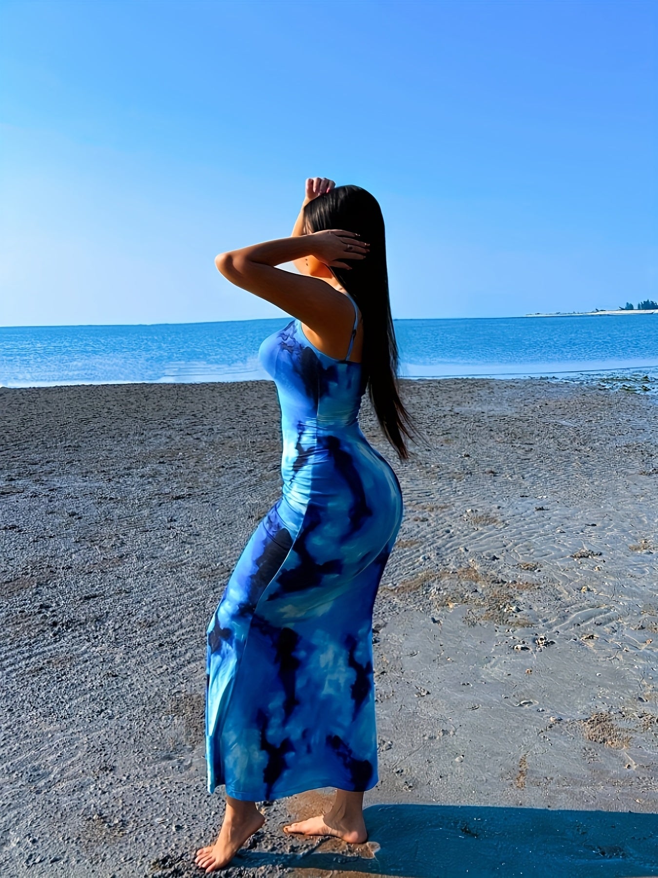 2025 New Arrival Elegant Bodycon Sleeveless Backless Long Dresses, Women'S Blue Gradient Floral Print, Beachy, Sexy, for Vacation