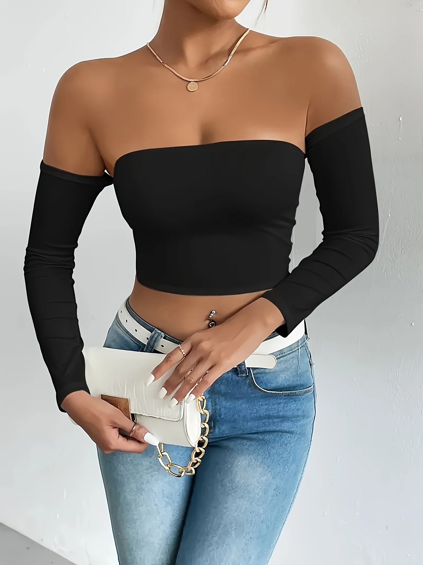 Off Shoulder Crop T-Shirt, Sexy Long Sleeve Slim Top For Spring & Fall, Women's Clothing