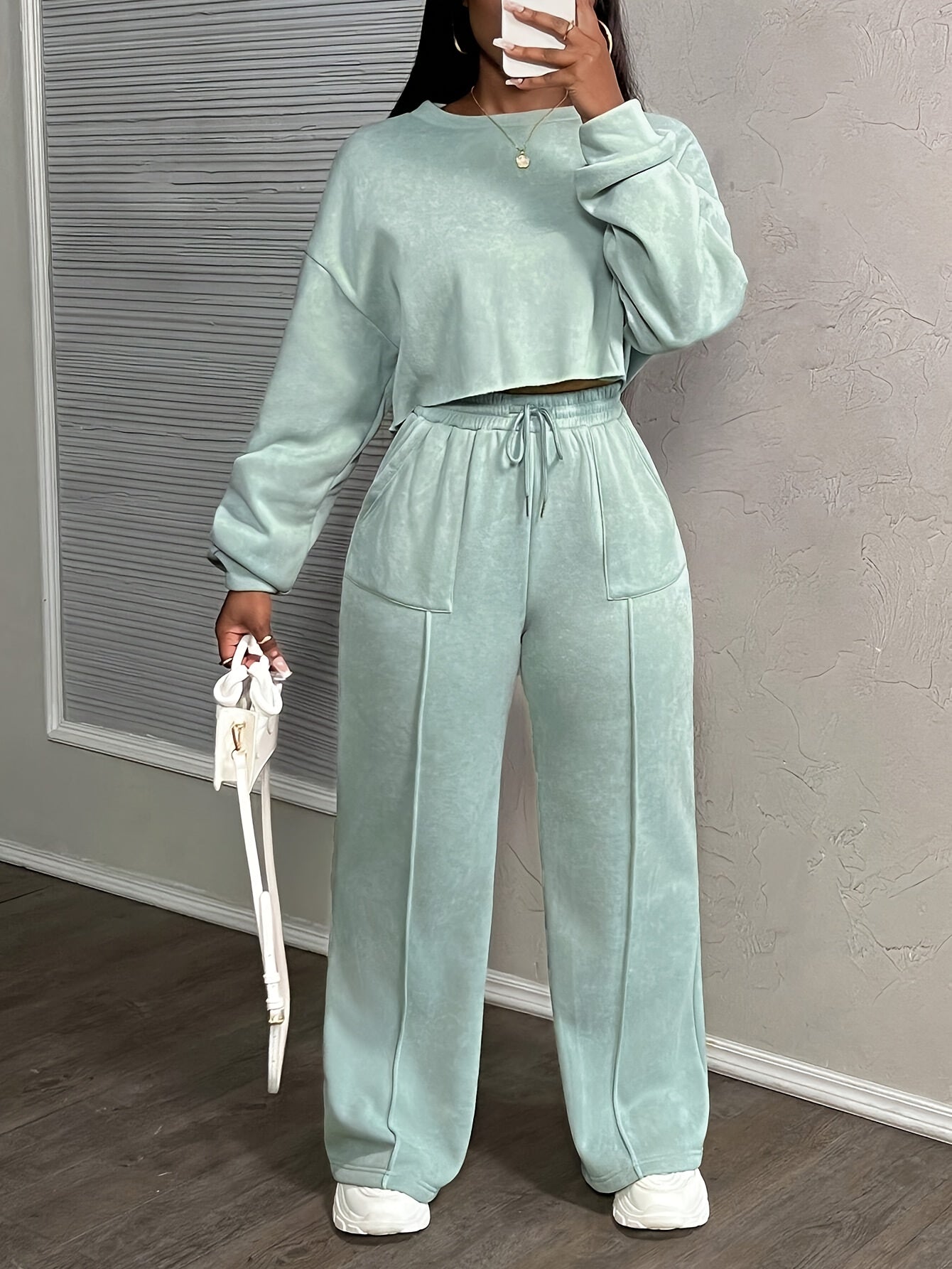 Women's Solid Color Casual Street Style Loose Pocket Drawstring Sports Suit