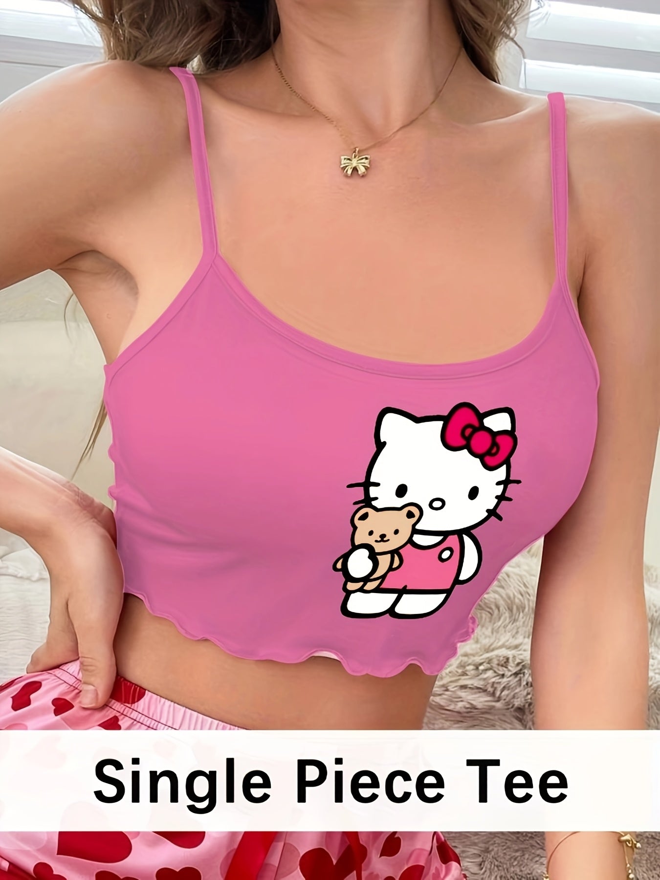Sanrio Hello Kitty Women's Cute Cartoon Print Ruffled Sleeveless Tank Top - Vibrant Pink Sleepshirt with Backless Thin Straps, Lightweight Spring/Summer Loungewear, Machine Washable, Hello Kitty Sleepwear, Ruffled Edges, Nont