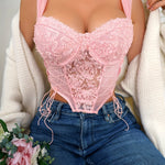 Elegant Pink Lace-Trimmed V-Neck Cami Top for Women - Sweet & Spicy Style with Sheer Mesh & Embroidered Detailing, Wide Straps, No Padding, Perfect for Adults
