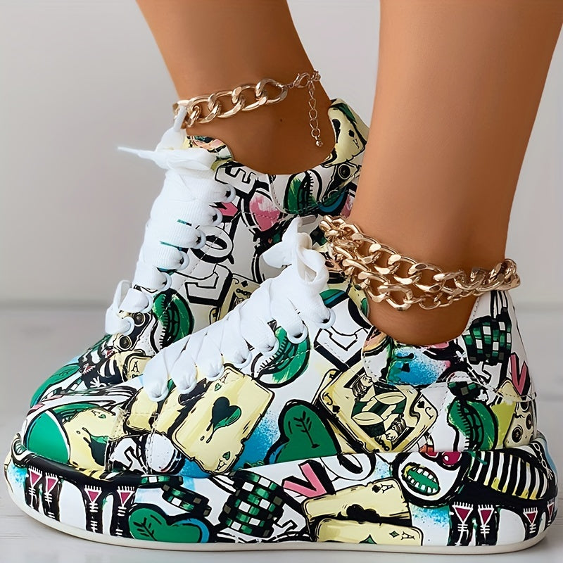 Womens Graffiti Art Sneakers - Stylish Lace-Up Platform Shoes with Comfortable Low Top Design - Perfect for Sports & Casual Wear - Fashionable Skate Style