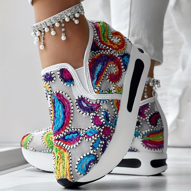 Abstract Print Side Lace-up Casual Wedge Sneakers - Without Anklet