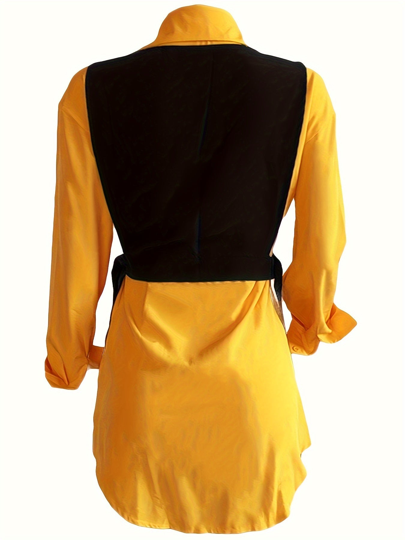 Women's Fashion Casual Shirt Dress Set 180085, Elegant V-Neck, Polyester, Solid Color, Long Sleeve, Open Front, Sleeveless Vest, Regular Fit, Spring/Autumn Season