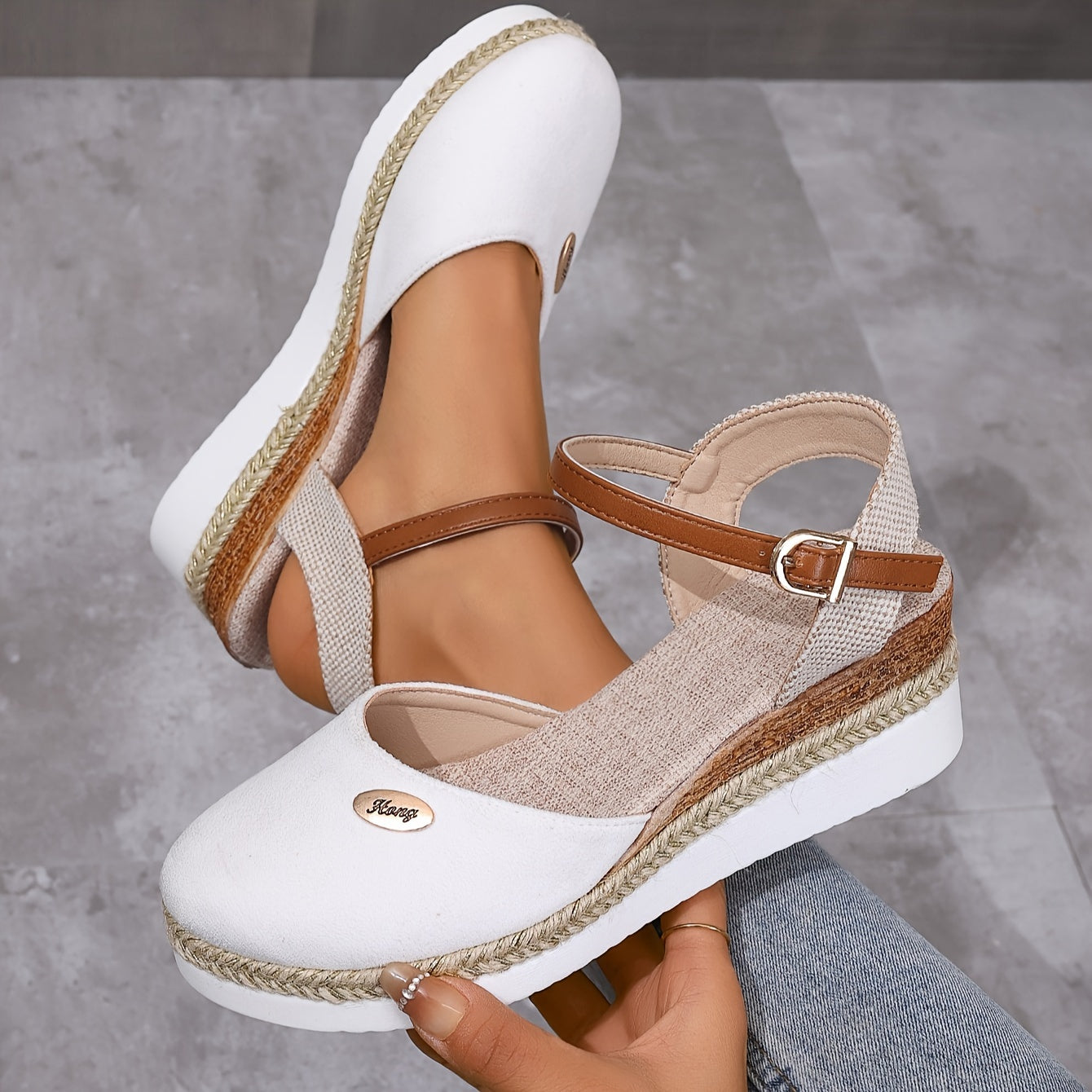 [Colorblock Platform Sandals Women's] Women's Colorblock Platform Sandals, Ankle Buckle Strap Comfy Slingback Shoes, Versatile Closed Toe Wedge Shoes