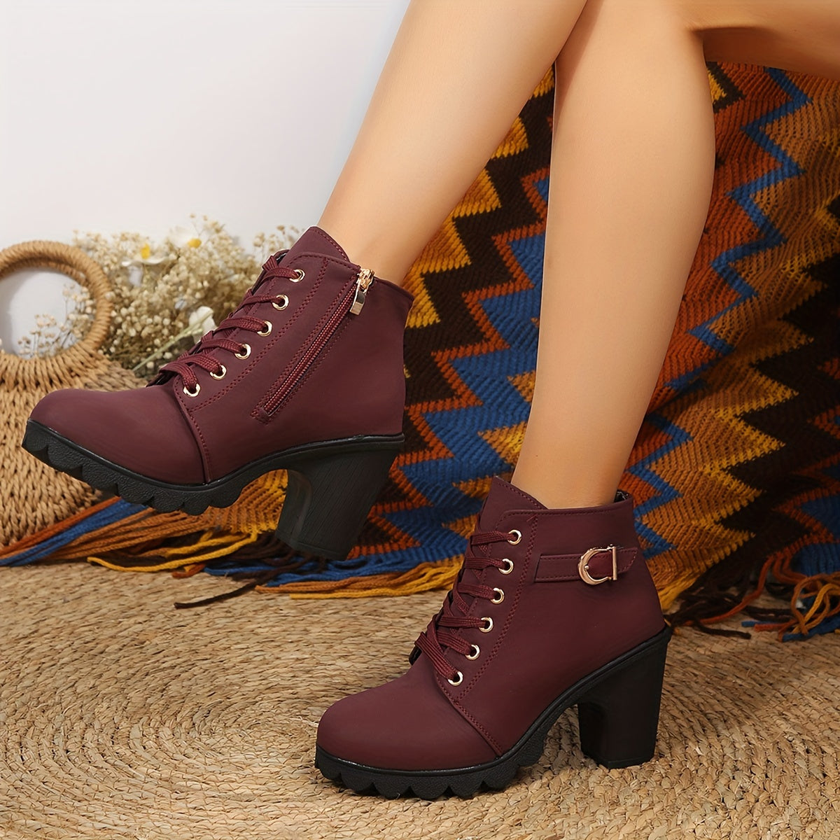 Trendy Womens Chunky Heel Ankle Boots - Secure Lace-Up, Smooth Zipper, Supreme Comfort - Mid-Calf Height, Stylish Design