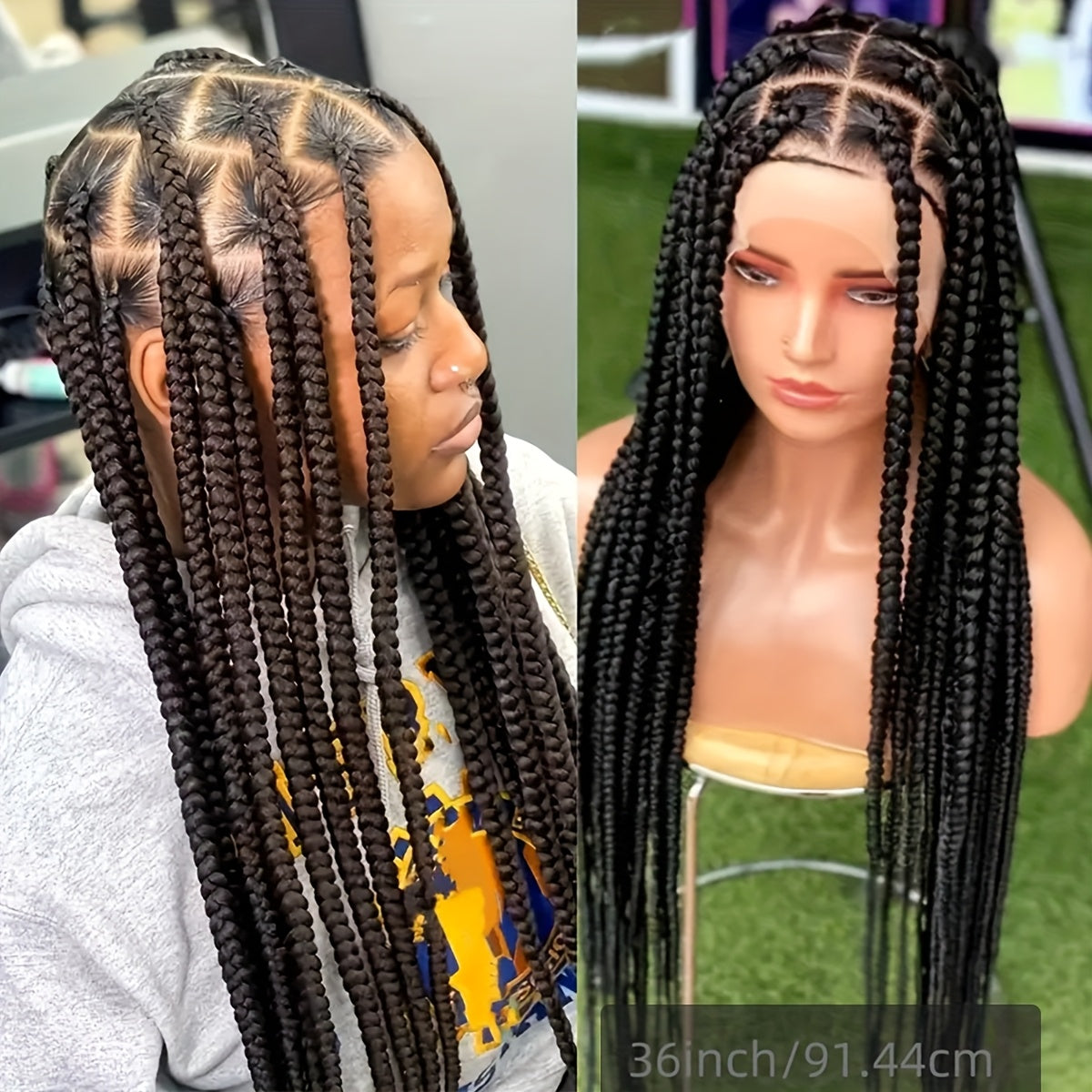 36" Full Lace Front Wig for Women - Knotless Box Braided Synthetic Hair, High-Density 180%, Black with Natural Highlights, Perfect for Casual Attire or Special Occasions