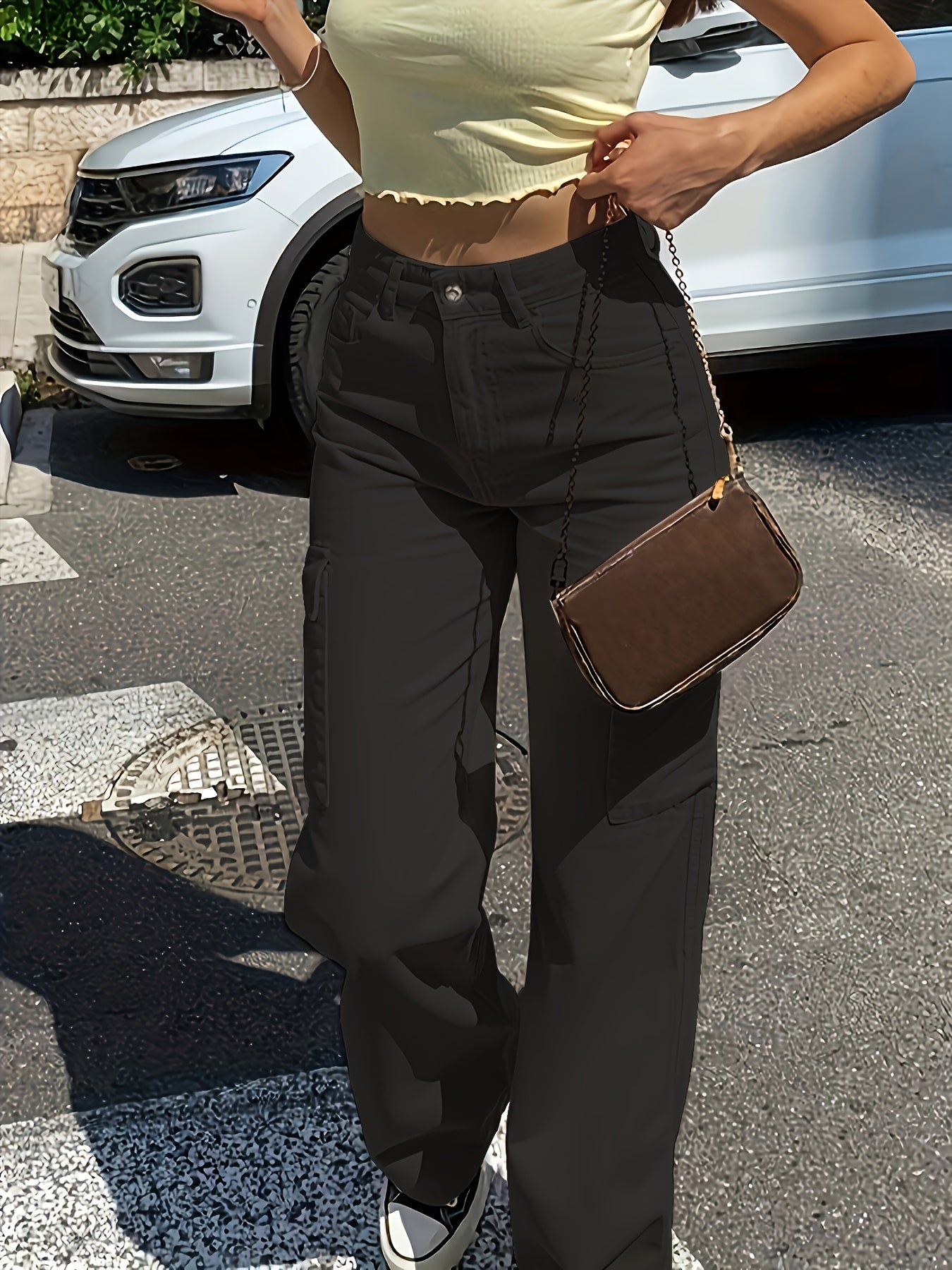 Women'S Casual Solid Cargo Pants, Polyester High Waist Wide Leg Pants with Pocket, All-Season Woven Fabric, 150g/㎡ Weight