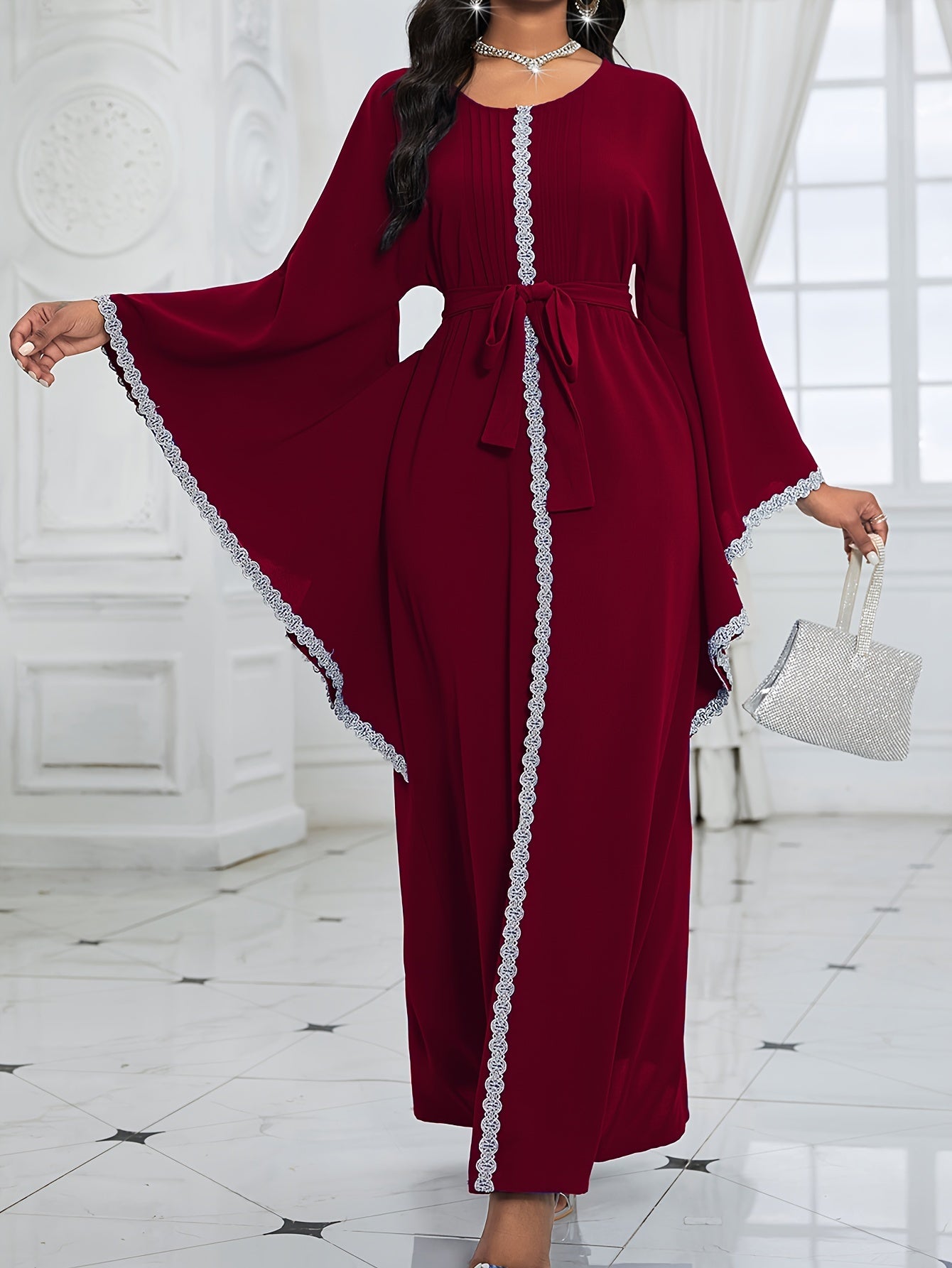 Contrast Lace Flare Sleeve Dress, Elegant Crew Neck Tied Waist Ankle Length Dress For Party & Banquet, Women's Clothing Wedding/Occasion/Engagement/Ceremony/Evening dress