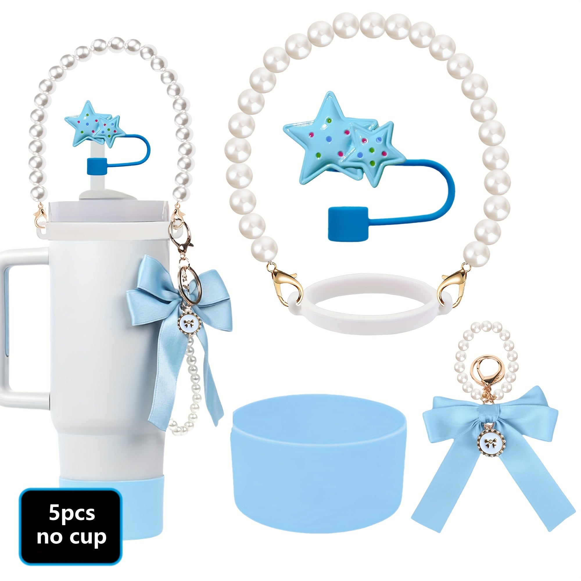 5pcs Tumbler Accessory Kit: Pearl Strap, Bow Keychain, Silicone Boot & Star Straw Cover - Compatible with 40oz & 30oz ST Cups - For Tumbler Enthusiasts - Perfect Gift for Birthdays & Holidays