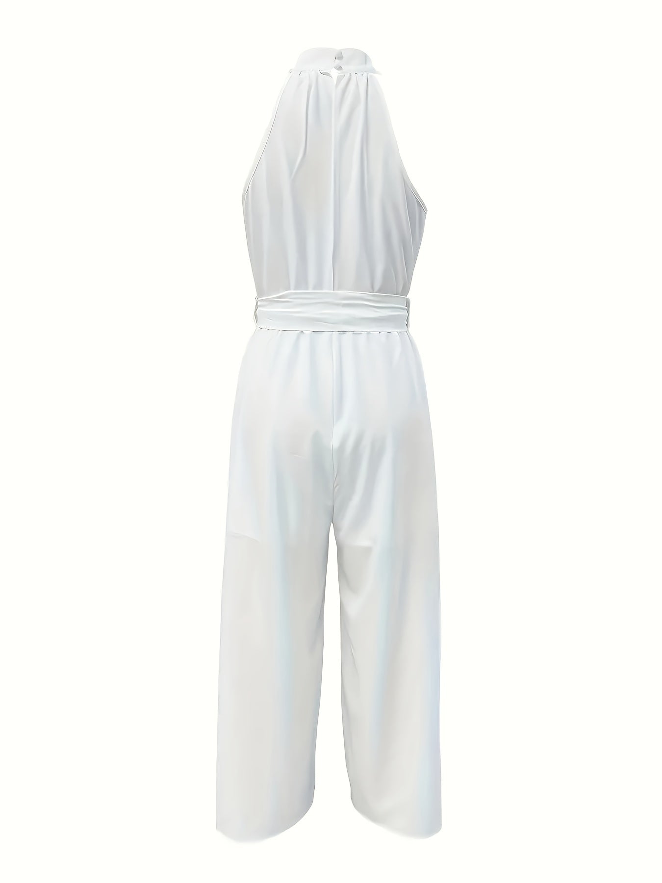Elegant White Halter Neck Jumpsuit for Women - Sleeveless Wide-Leg Design with Tropical Vibes, Machine Washable Polyester, Perfect for Casual or Stylish Outfits, Casual Elegant Wear | Wideleg Fashion | Breezy Design