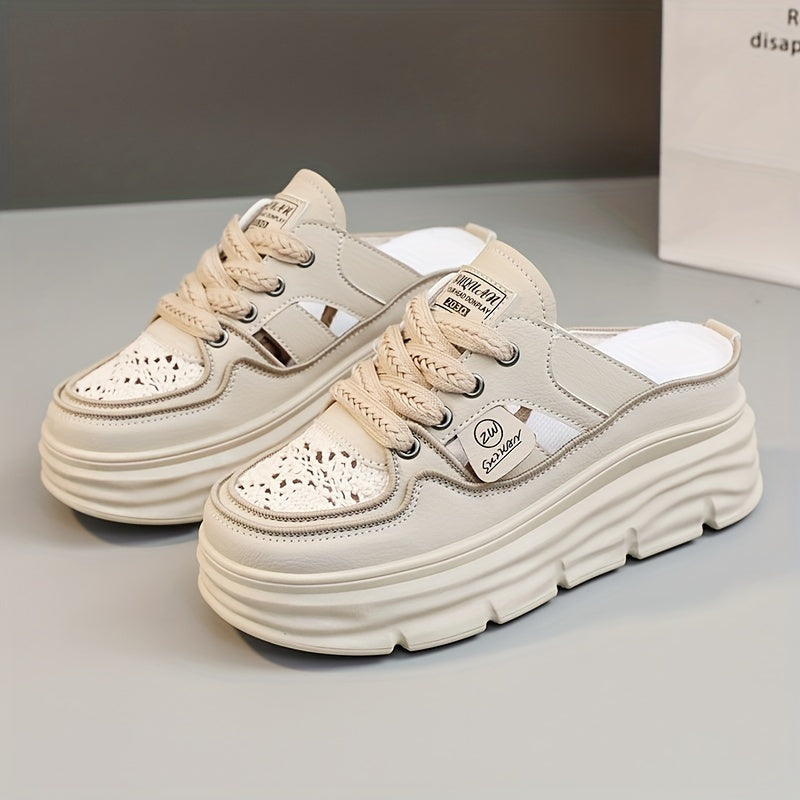 Comfortable Breathable Women's Platform Mule Sneakers, Casual Cutout Design Lace Up Summer Shoes