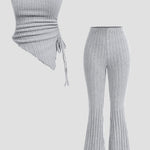 Ribbed Solid Color Casual Pantsuits, Strapless Backless Drawstring Asymmetrical Tube Top & Flare Leg Pants Outfits, Women's Clothing