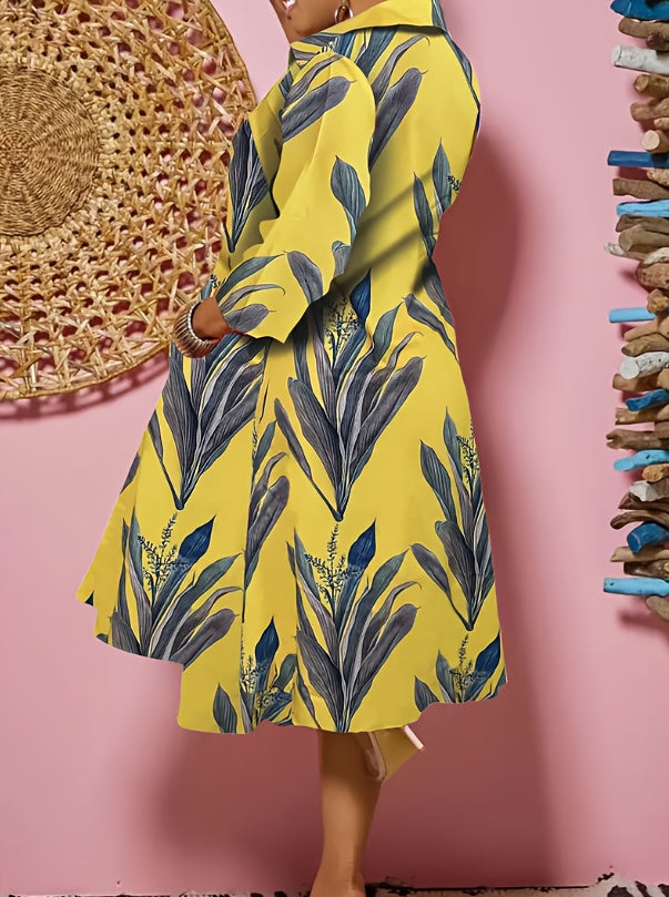 Floral Button-Down Midi Dress with Long Sleeves, Women's Casual Dress