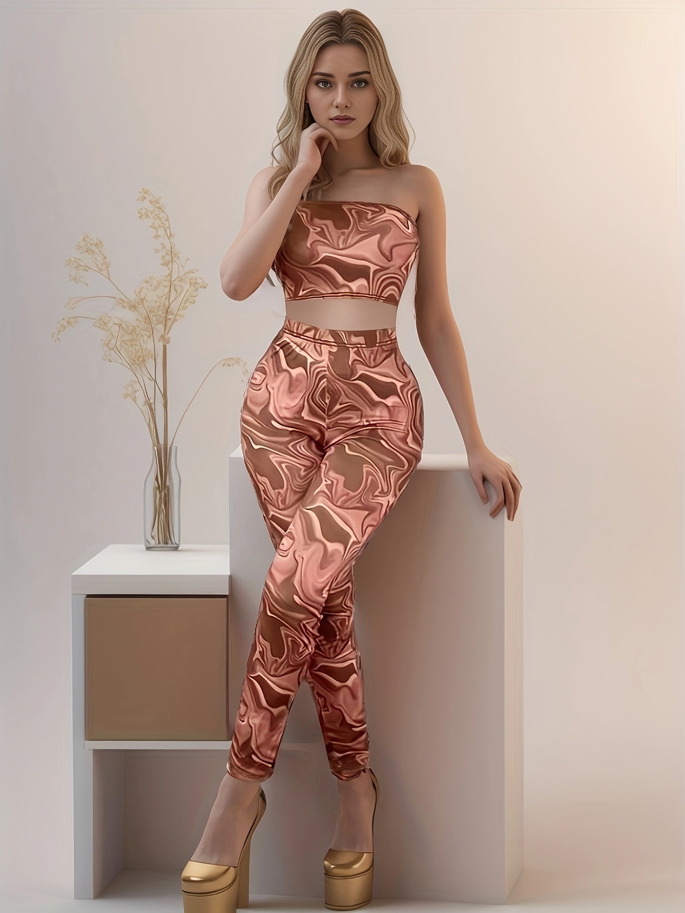 Tie Dye Sexy Set, Crop Slim Fit Strapless Top & Skinny Fit Pants, Women's Clothing