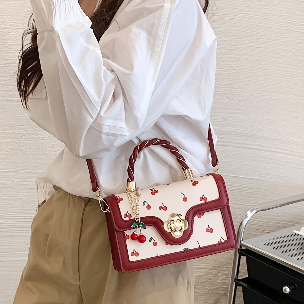 Fashionable High-End PU Tote Bag with Versatile Square Shape and Cute Cherry Print, Perfect for Shopping, Dating Or Cross-Body for Girls., Kawaii Cherry Elements
