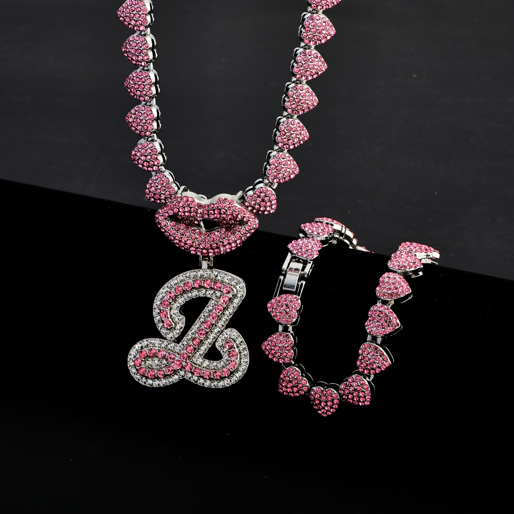 Hip Hop Y2K Style Pink Sexy Lips Pendant Necklace and Bracelet Set, A-Z Initials, Rhinestone Inlay, Zinc Alloy, Perfect for Daily Wear or Parties, Ideal Valentine's Day Gift for Men and Women, Hip Hop Jewelry