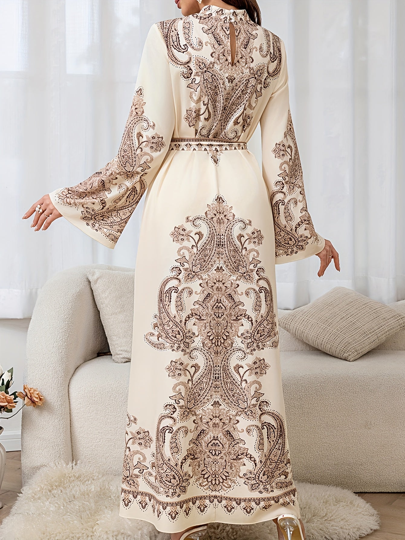 Elegant Floral Print Long Dress with Tie-Waist & Lantern Sleeves - Creamy Beige, Crew Neck, Flowing Maxi Length, Perfect for Spring/Summer/Fall, Women’s Fashion, Cute Dresses