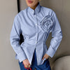 Casual Striped Blue Flower Slim-fit Long-sleeved Polyester Cotton Shirt