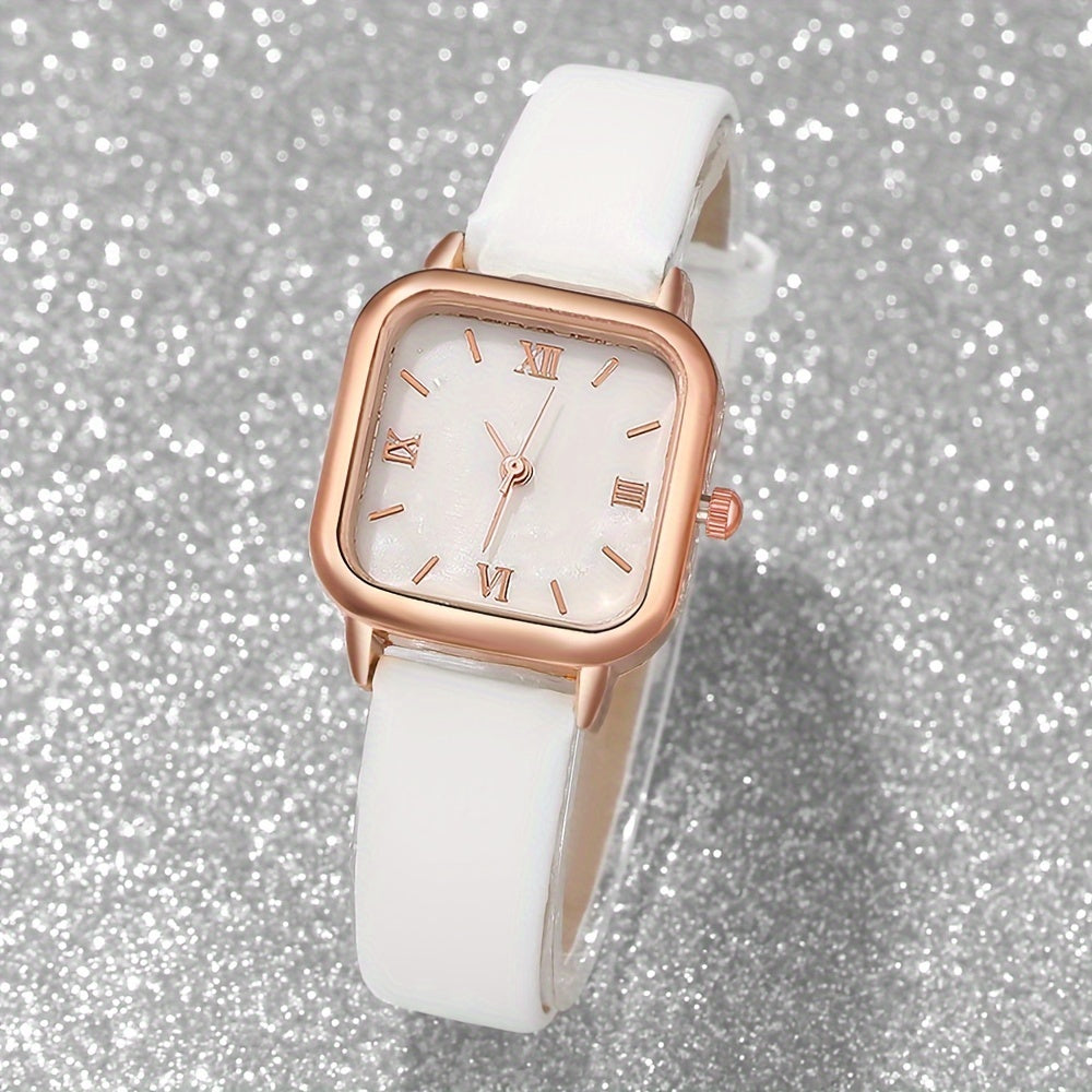 Elegant 5pcs Women'S Quartz Wristwatch and Jewelry Set with Square Alloy Case, Faux Leather Band, Non, Chic Simple Dial – Ideal for Work, Perfect Present for Halloween, Thanksgiving, Christmas