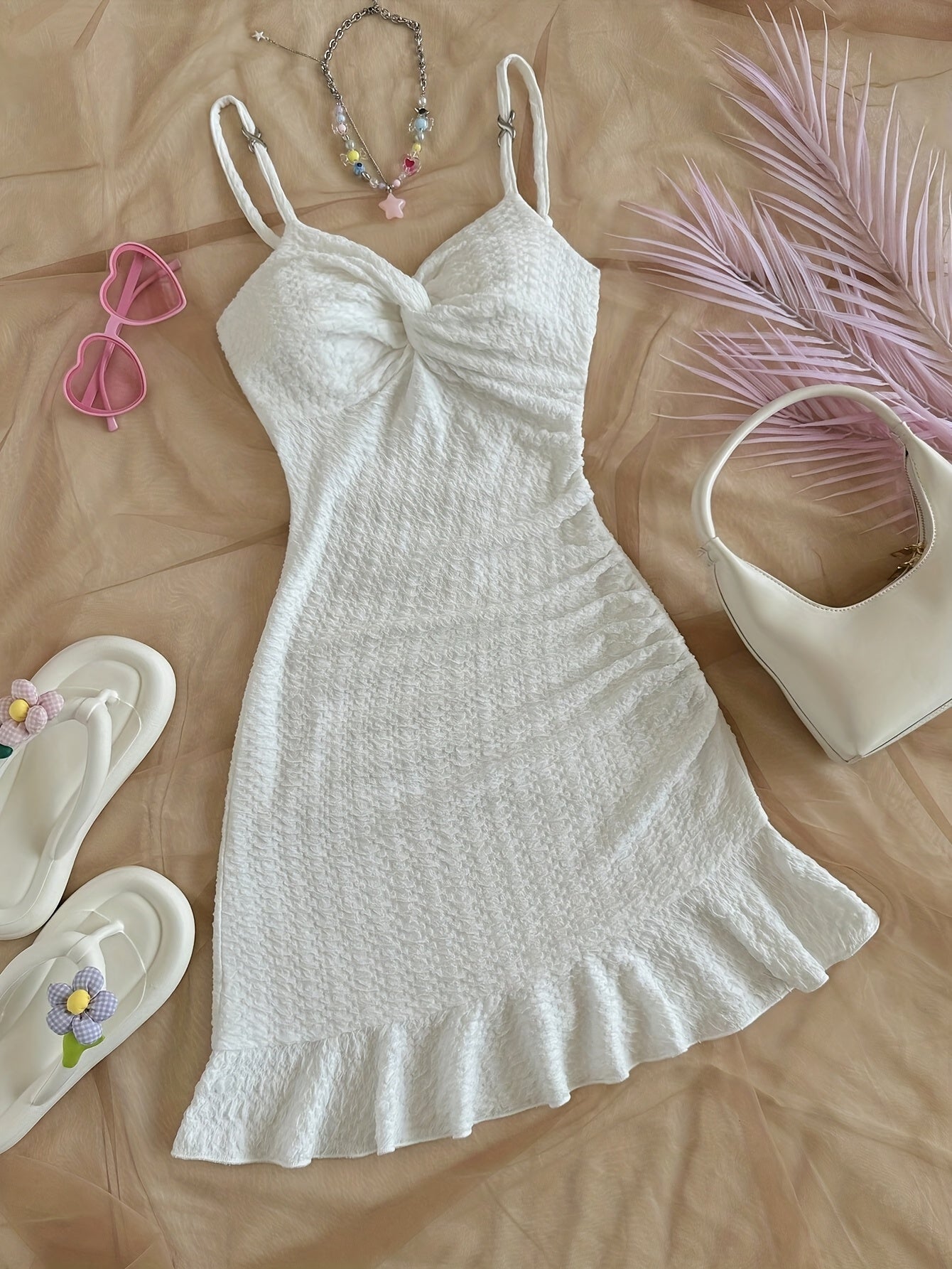 Women's Lightweight Spaghetti Strap Summer Dress with Ruffled Hem - Solid Color Flared A-Line Silhouette, Machine Washable for Beach, Casual & Semi-Formal Occasions, Beach Dress | Ruffled Hem Dress | Stylish Sleeveless Top, S