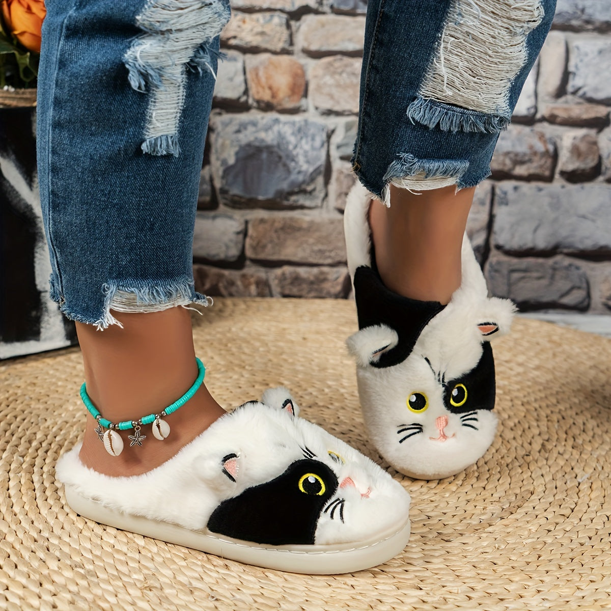 Cute Cartoon Cat Design Slippers, Casual Slip On Plush Lined Shoes, Comfortable Indoor Home Slippers