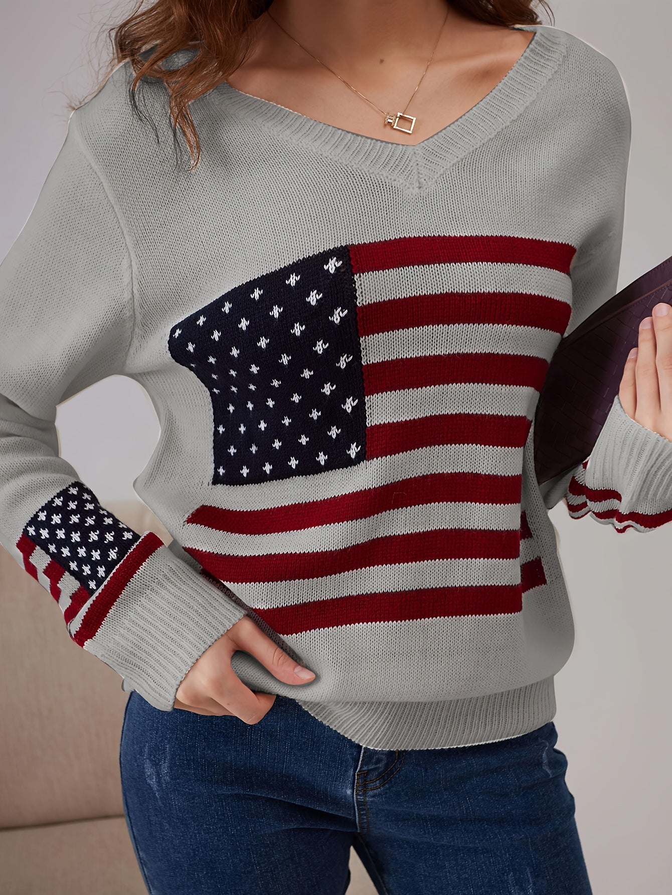 American Flag Print V Neck Sweater, Casual Long Sleeve Sweater For Spring & Fall, Women's Clothing