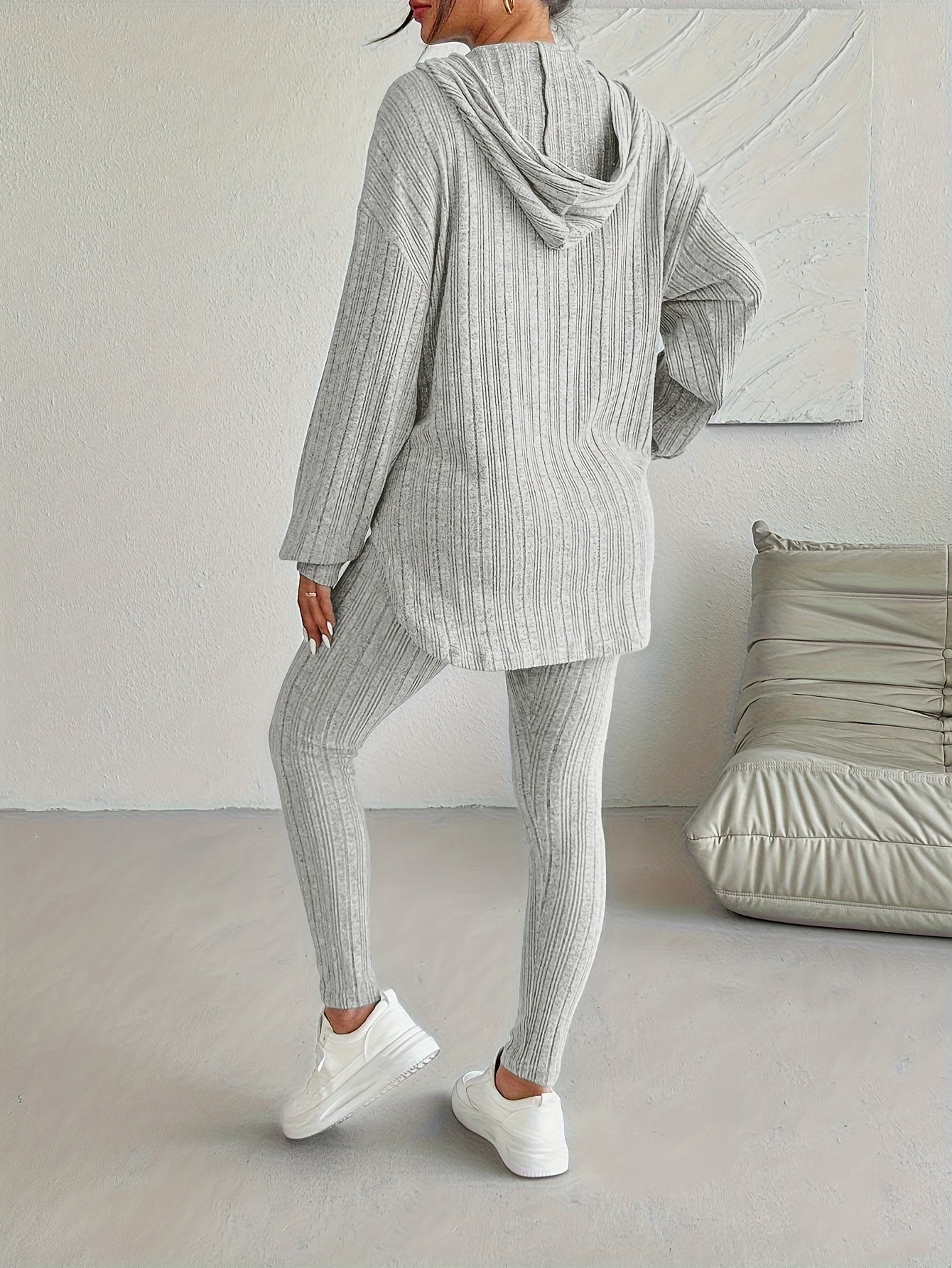 two-piece Ribbed Long Sleeve Hooded Top & Skinny Pants Set for Women, Casual Lounge Outfit