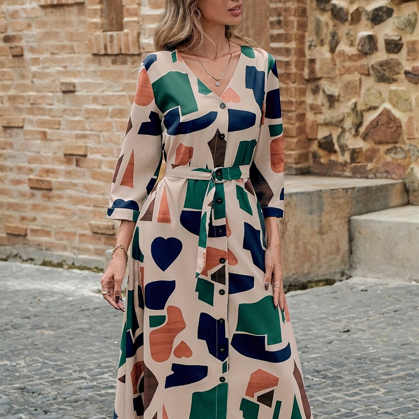 Women's woven V-neck print with sleeves belt Summer dress Elegant stylish casual Women's skirt