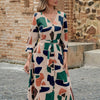 Women's woven V-neck print with sleeves belt Summer dress Elegant stylish casual Women's skirt