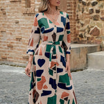 Women's woven V-neck print with sleeves belt Summer dress Elegant stylish casual Women's skirt