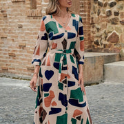 Women's woven V-neck print with sleeves belt Summer dress Elegant stylish casual Women's skirt