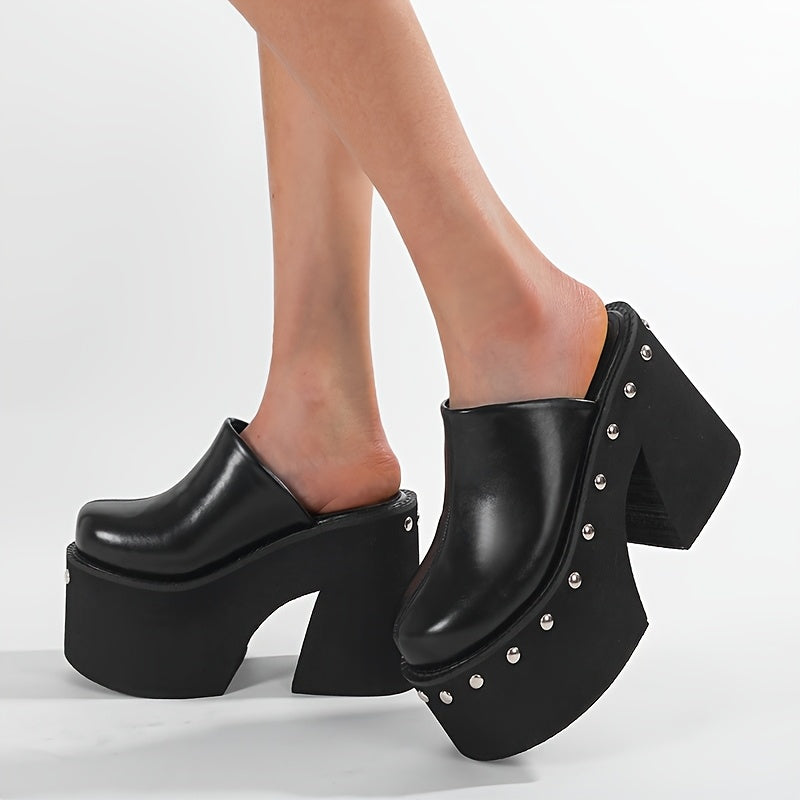 Women's Black Platform Wedge Sandals with Metallic Studs, Round Toe Slip-On High Heels - Stylish Summer Fashion Shoes for Parties and Events