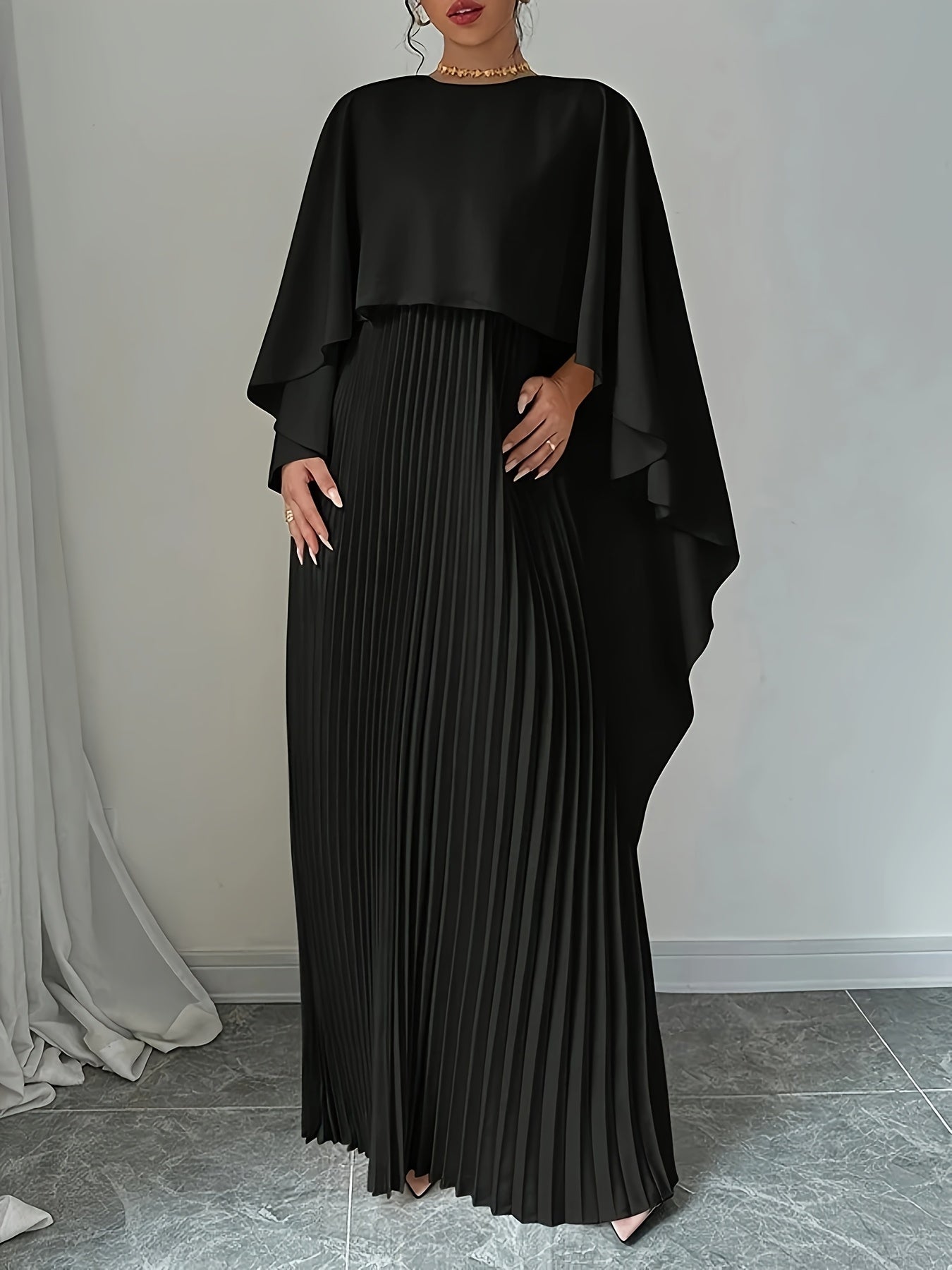 Flowing Long Skirt Elegant Solid Color Pleated Dress with Faux Two-Piece Design, Suitable for Banquets