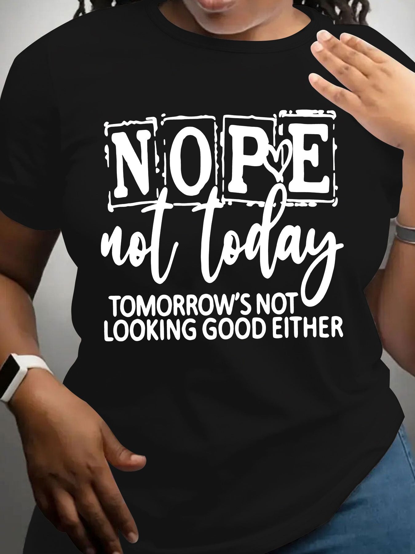 Women'S Casual NOPE Letter Print T-Shirt, 100% Polyester Knit Fabric, Crew Neck, Short Sleeve, Regular Length, Alphabet Pattern, All-Season Top