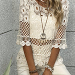 Hollow Out Crochet Pullover Top, Versatile Crew Neck Half Sleeve Top For Spring & Summer, Women's Clothing