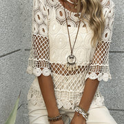 Hollow Out Crochet Pullover Top, Versatile Crew Neck Half Sleeve Top For Spring & Summer, Women's Clothing