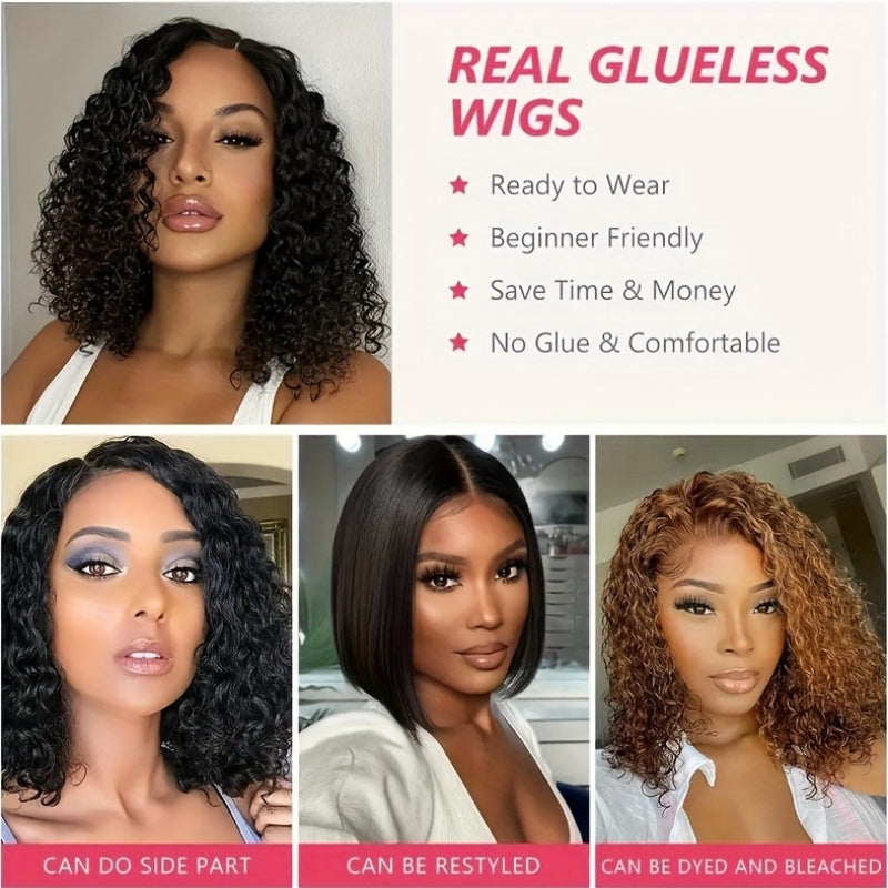 4x4 Put On And Go Glueless Bob Wig Human Hair Curly For Women Kinky Curly Lace Front Wig Human Hair Pre Plucked Pre Cut Lace Ready To Wear 180% Density Natural Black