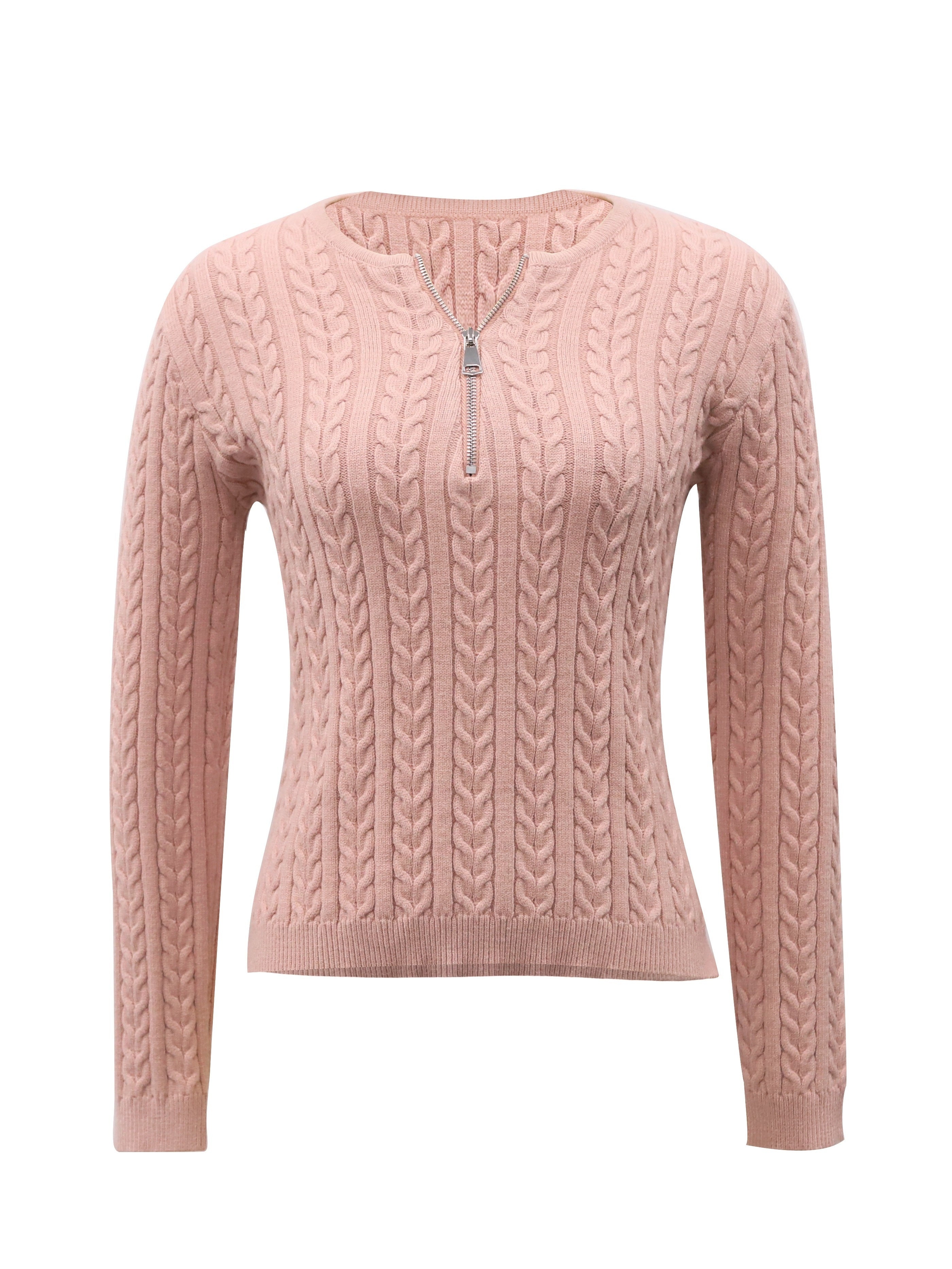 Solid Zip Crew Neck Cable Knit Sweater, Casual Long Sleeve Slim Pullover Sweater, Women's Clothing