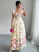 Womens Puff-sleeve Floral-print Waist-cinching Dress