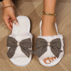 Kawaii Bowknot Plush Slippers, Open Toe Slip On Flat Fuzzy Shoes, Winter Warm Home Floor Slippers