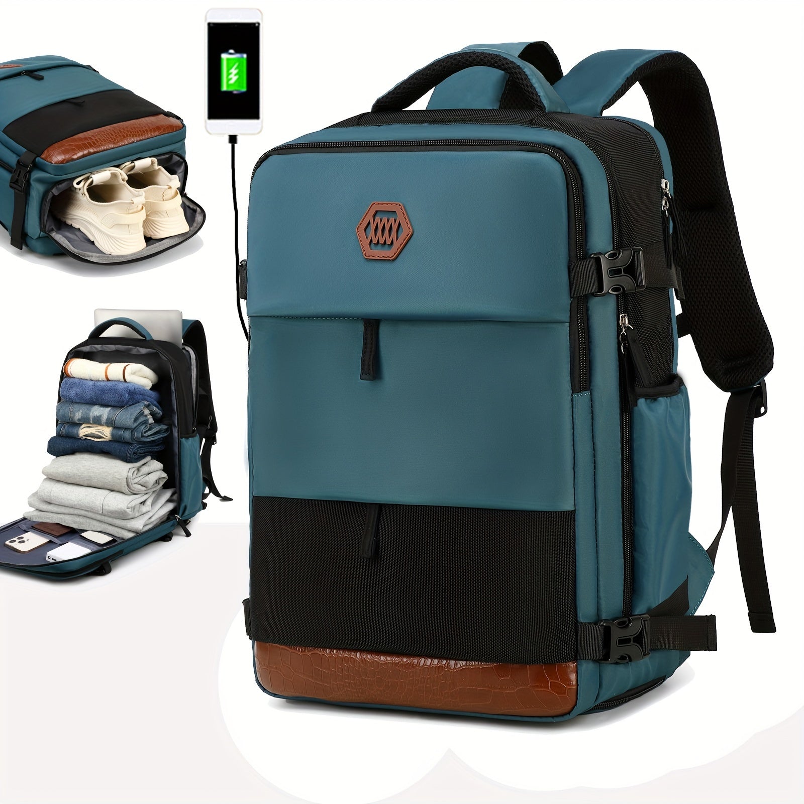 Airlines Approved Women'S Travel Backpack with Shoe Compartment, Casual Laptop Bag, Adjustable Strap, Zipper Closure, Polyester Lining, Solid Color, USB Powered - Multi-Color Options