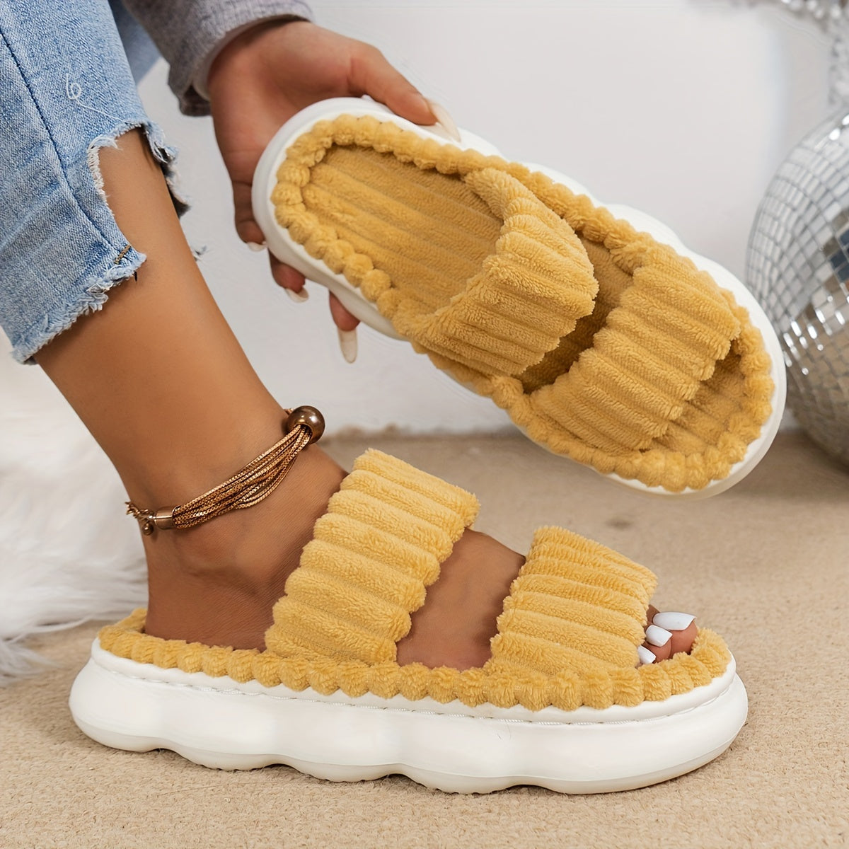 Two Bands Women's Plush Open Toe Platform Slippers, Soft Sole Fuzzy Comfortable Indoor Floor Shoes