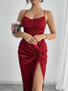 Elegant Backless Twist Knot Cross Strap Split Thigh Evening Dress, Polyester with Elastane, Machine Washable - All Seasons, Party Dress