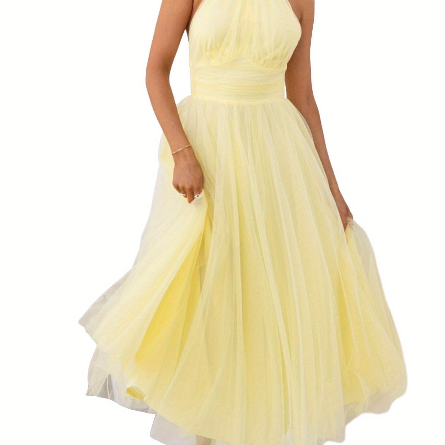 Womens Backless Long Dress Adjustable Tie Halter Neck Tulle High Waist Solid Party Wedding Dress