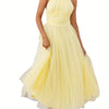 Womens Backless Long Dress Adjustable Tie Halter Neck Tulle High Waist Solid Party Wedding Dress